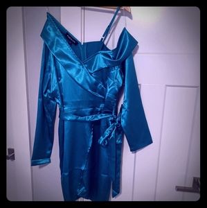 Satin wrap front cold shoulder mini dress